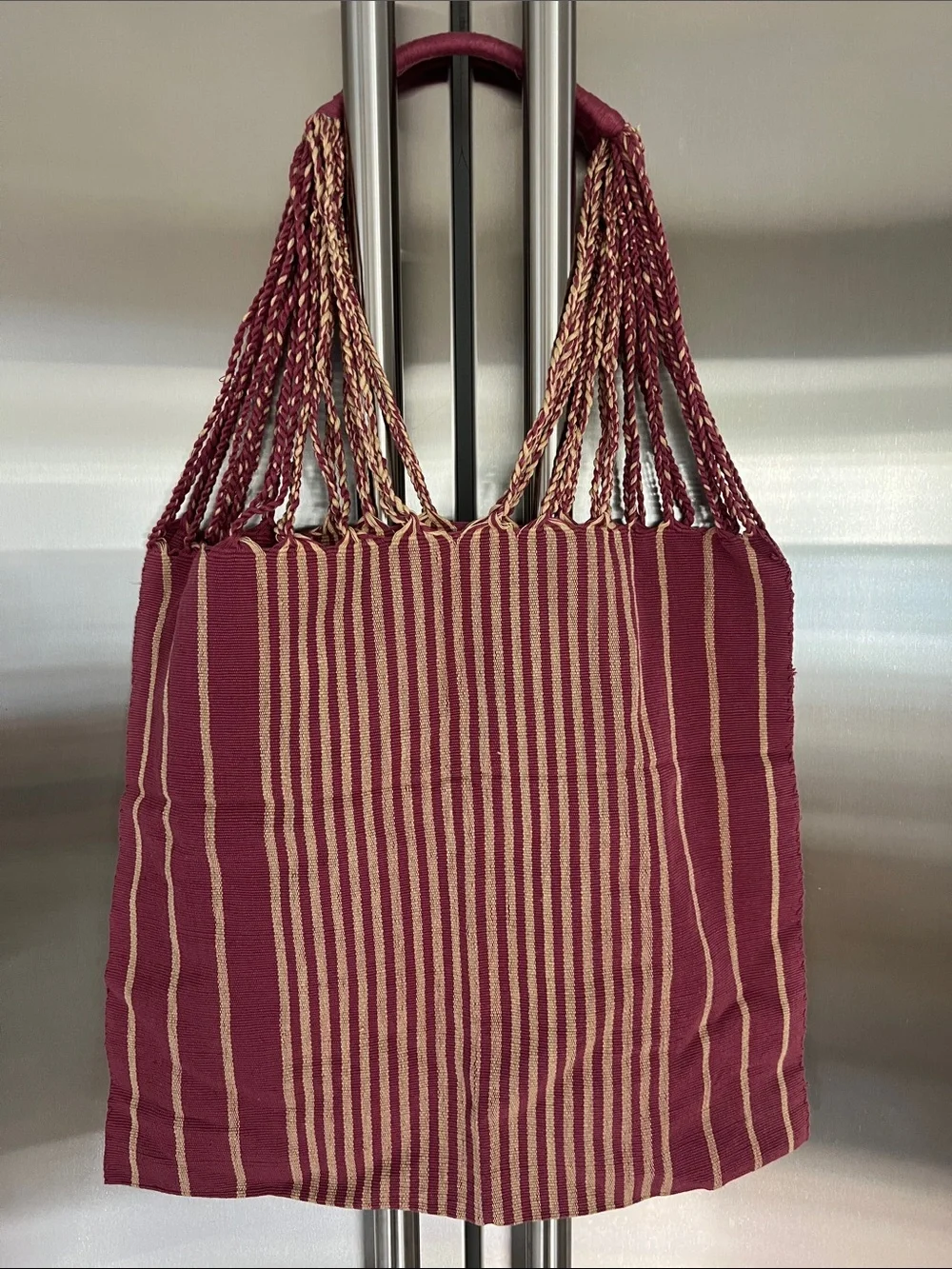 New Striped Burgundy and Beige Woven Tote Bag with Braided Handles cotton